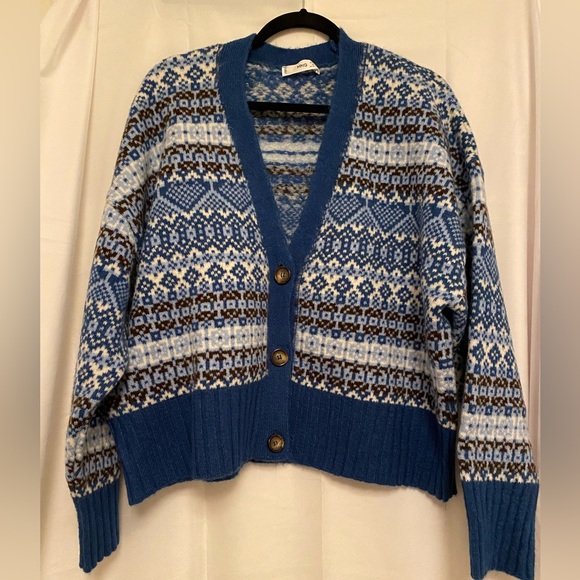 MANGO Button Fair Isle Cardigan NWOT Blue White - Picture 5 of 8